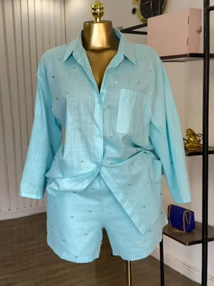 Wmstar Zweiteilige Sets für Damen Großhandel Sommer Neuer Stil Knopfleiste Dreiviertelärmel Pailletten-Hemd Übergröße Shorts-Set