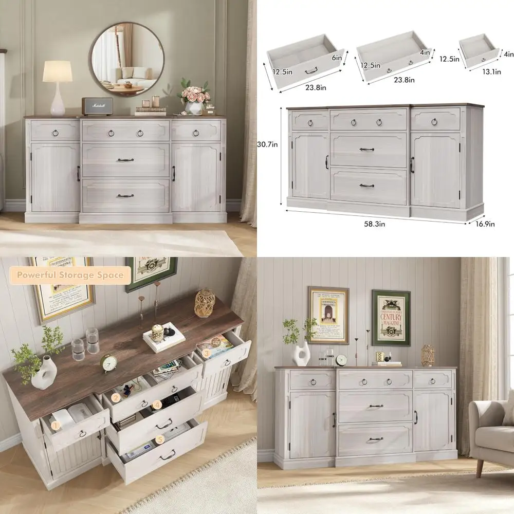 

Large 58 Sideboard Buffet Cabinet with Storage, 5 Drawers and 2 Doors, Adjustable Shelves, Farmhouse Style Wood