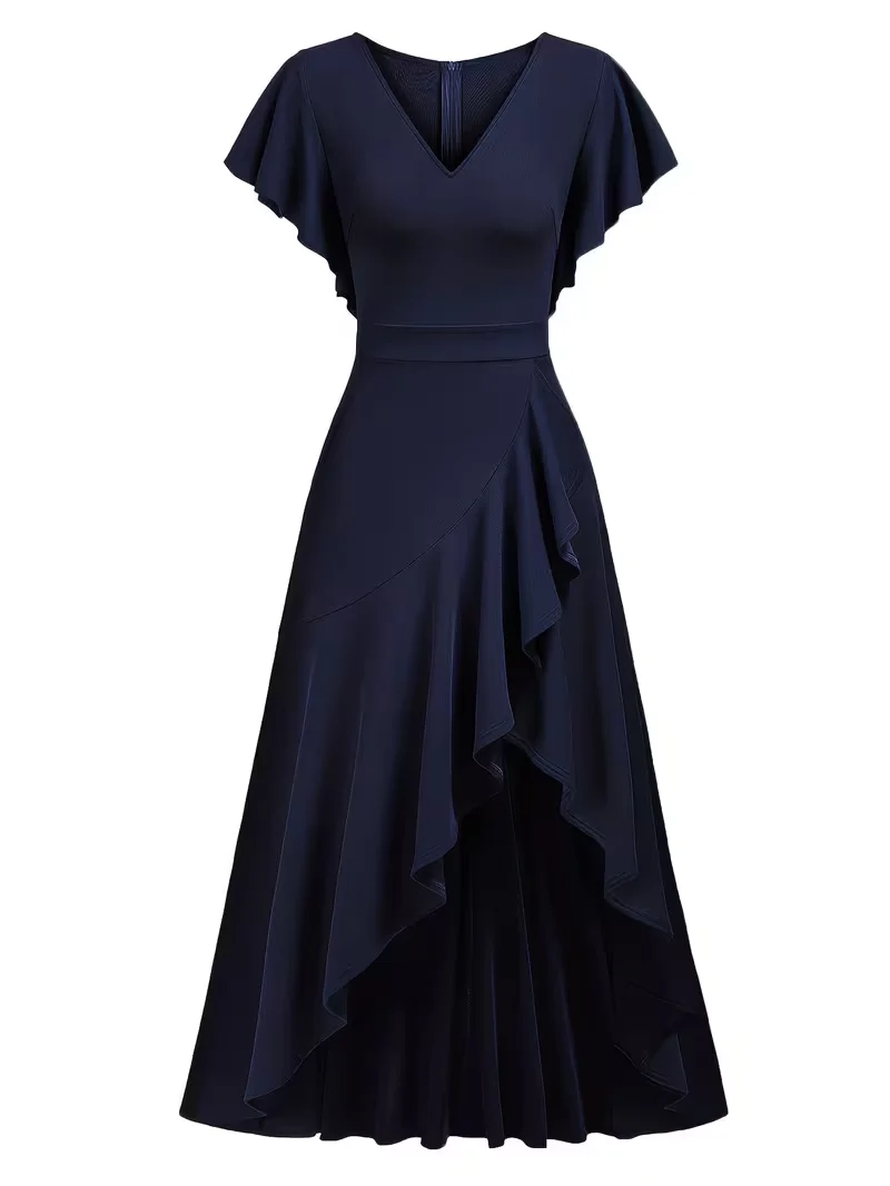 Damen Sexy Tiefer V-Ausschnitt Lotusblatt-Ärmel Sommer Einfarbiges Cocktail-Party-Kleid mit Unregelmäßigem Rüschensaum – Detail 6