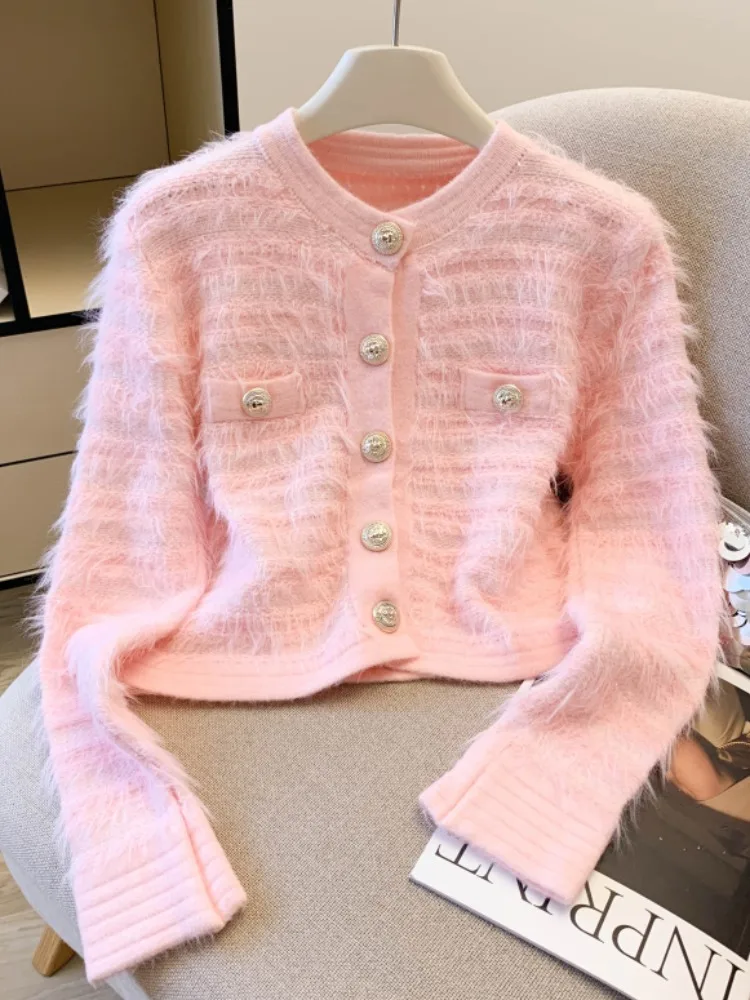 

Pink Mink Velvet Knitwear ort Cardigan Women's Autumn Winter Faion Sensation Self-kept Sle Korean Version V-ne Coat
