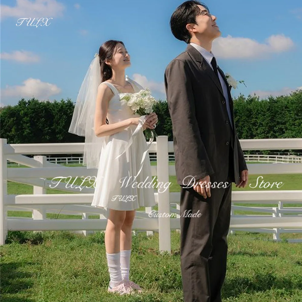 

TULX Simple Bow Spaghetti Strap Korea Garden Wedding Photo Shoot Mini Short Above knee Bridal Gown Corset Back 웨딩드레스 Custom Made