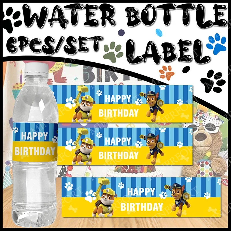 Etiketten für Wasserflaschen mit Paw Patrol-Motiv, selbstklebende Aufkleber, niedlich, bunt, für Kindergeburtstag, Party, Tischdekoration
