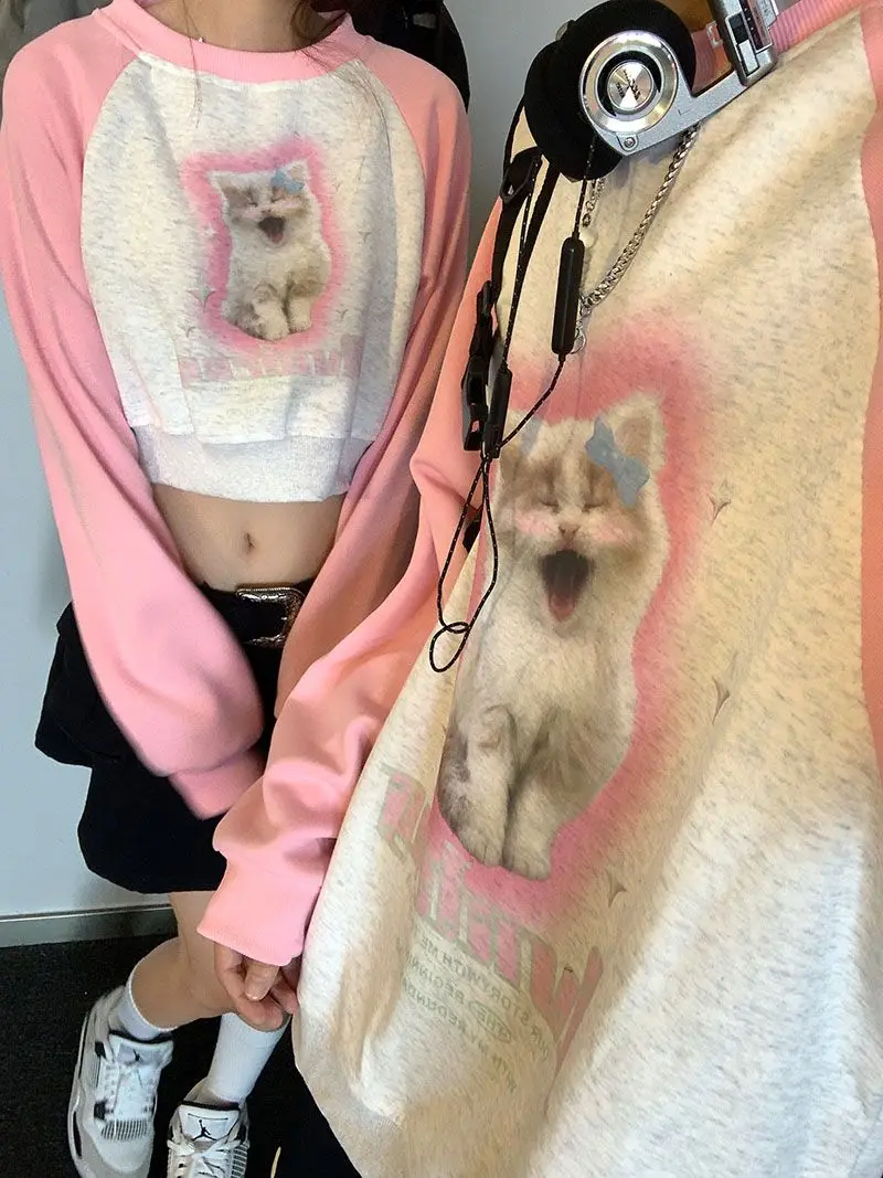 High Quality Cotton Y2K Brown Raglan Sleeve Sweatshirt for Girls Cute Cat Cartoon O-neck Hoodies Harajuku Couples Kawaii Clothes