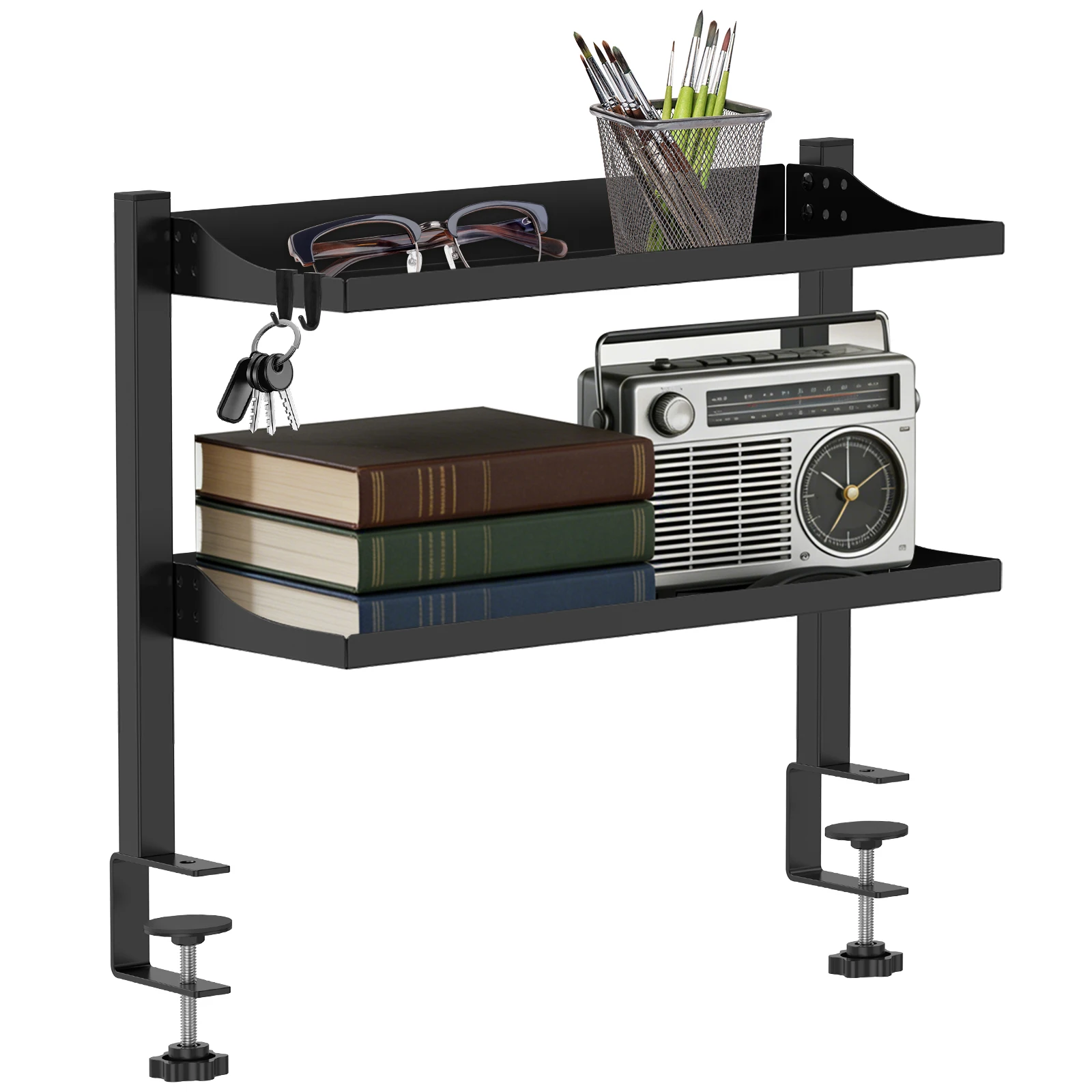 2-stufiges Klemmregal für den Schreibtisch, ohne Bohren, Schreibtisch-Organizer, verstellbare Metall-Tischklemme, hohe Tragfähigkeit, platzsparend