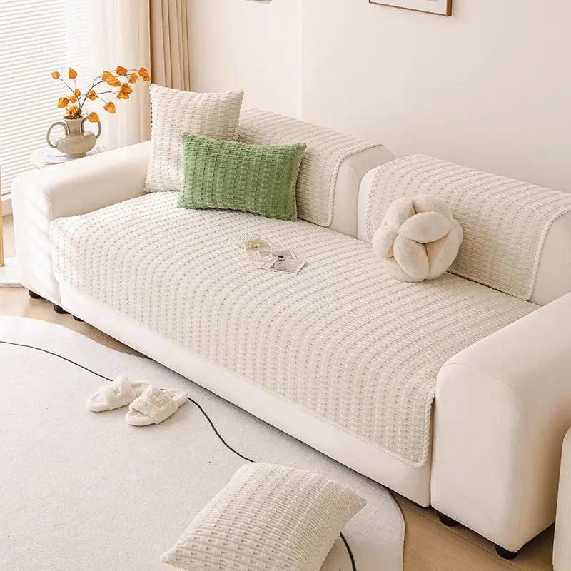 New Cream Style Sofa Cushion Edge-wrapped Solid Color Non-slip Sofa Cushion Winter Warm Anti-cat Scratch Sofa Cover