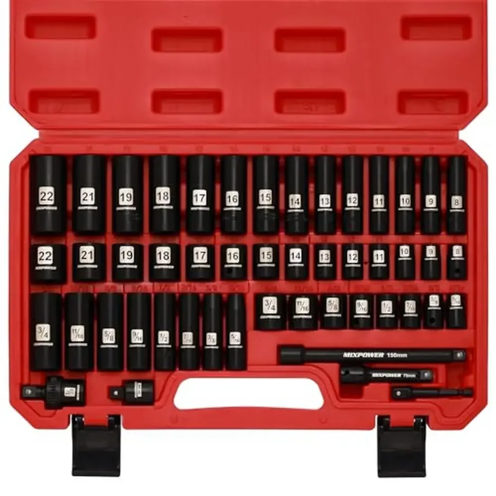 

Deep Impact Socket Set 6 Point 49 Piece Standard SAE and Metric Sizes 3/8" Drive Chrome Vanadium Steel Radius Corner Design