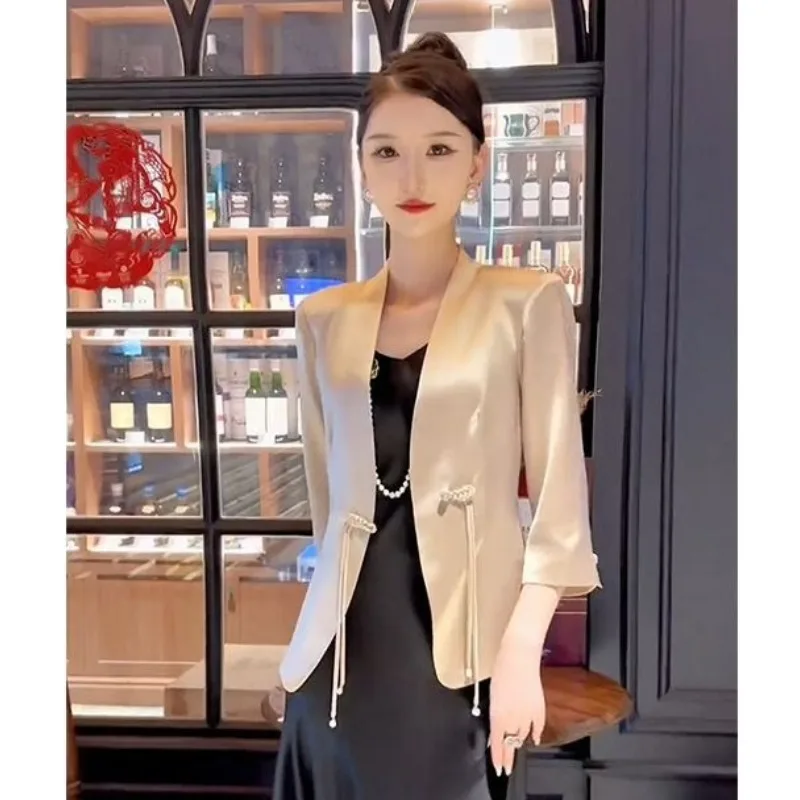 Nowa damska odzież w stylu chińskim, ekskluzywny profesjonalny satynowy garnitur, sukienka na ramiączkach, dwuczęściowy zestaw, wiosenna i jesienna moda, individualność.