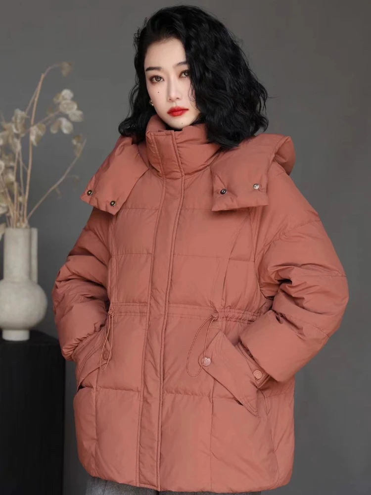 Puffer Jacket Women Winter New Outerwears Korean Simple Solid Drawstring Down Jackets Thick Loose Warm Hooded Women\'s Parker