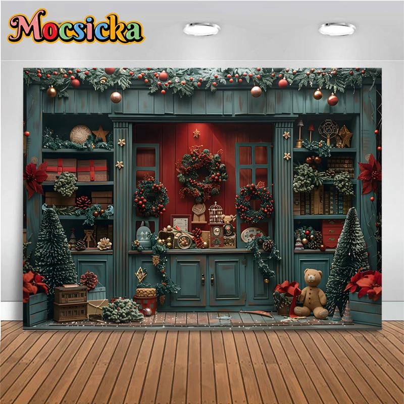 Mocsicka Christmas Photography Backdrop Green House Xmas Tree Gifts Decorations Family Children Photo Backgrounds Shooting Props