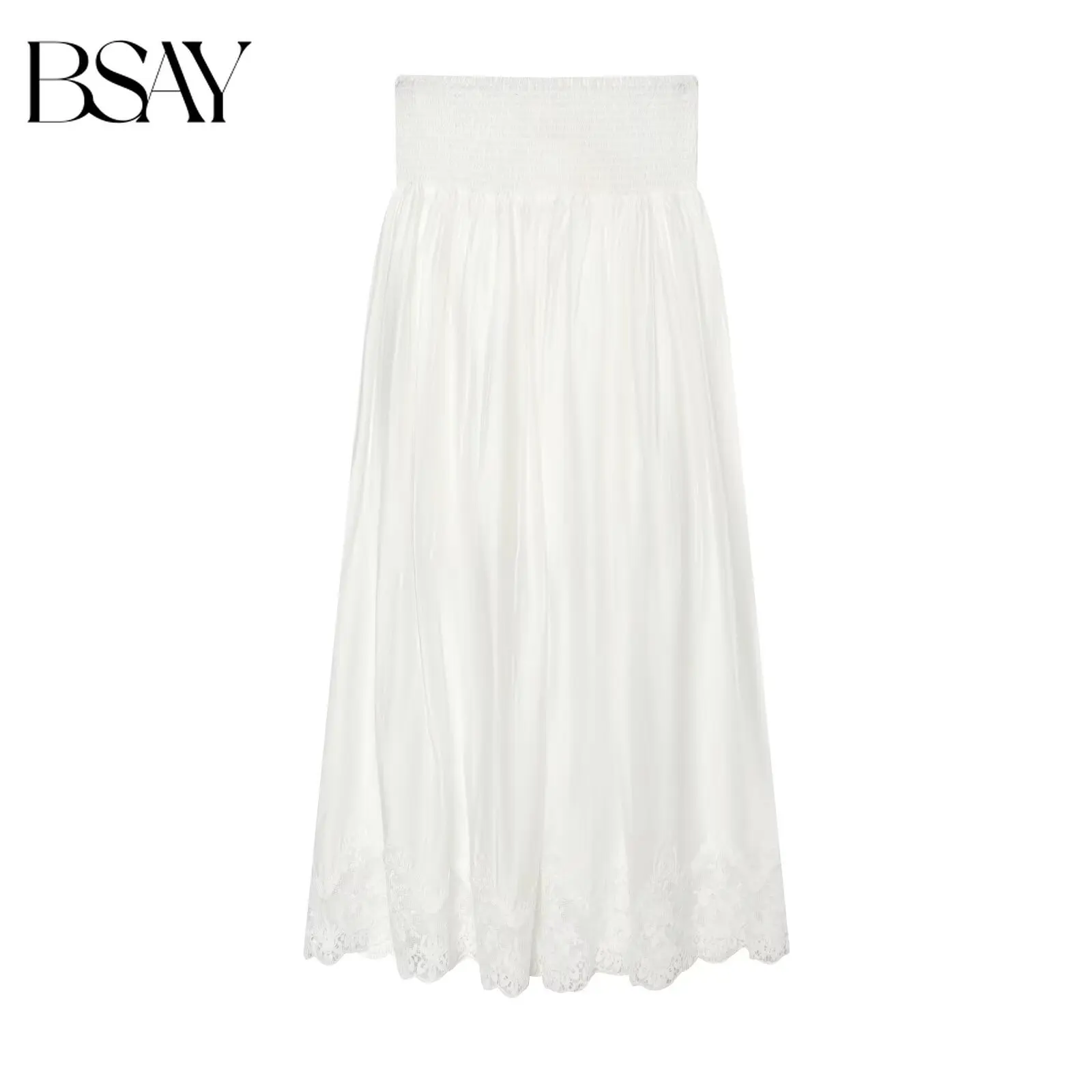 BSAY Summer Women Elegant White Flowy Midi Skirt Elastic Smocked High Waist A Line Skirt Scalloped Lace Hem Vacation Long Skirt