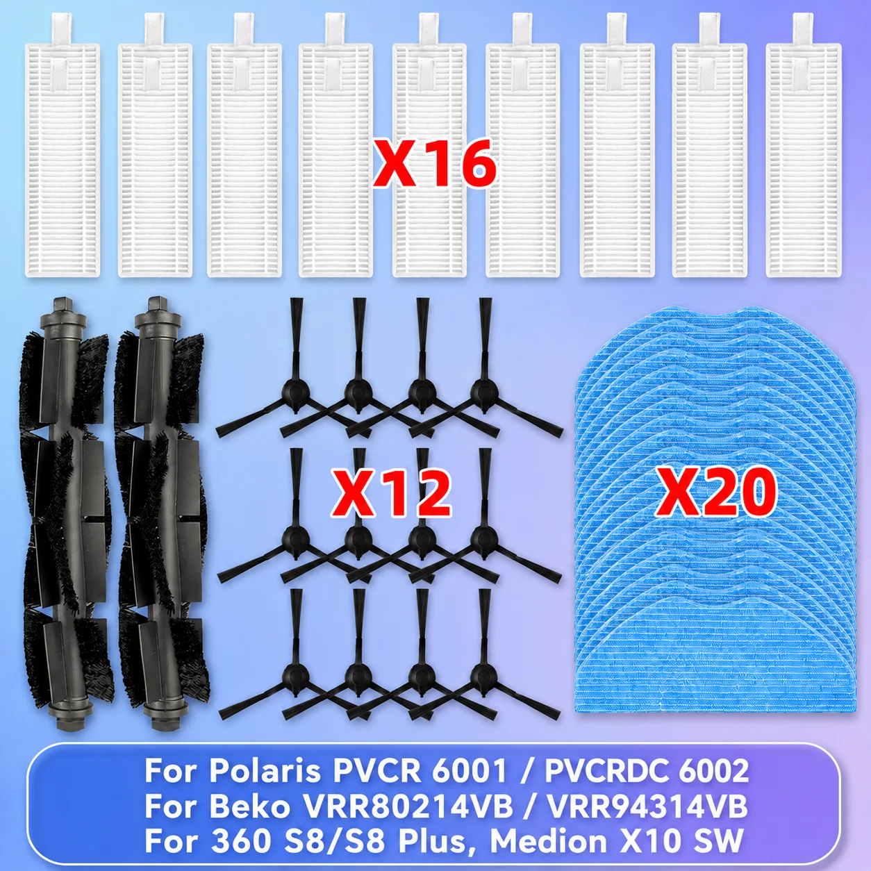 BEKO VRR 70214 VB, Beko VRR80214VB / VRR94314VB, 360 S8 / S8 Plus, ,Polaris PVCR 5001 / 6001, PVCRDC 5002 / 6002,Medion X10 SW, rodillo principal, cepillo lateral, filtro, mopa, accesorios de tela