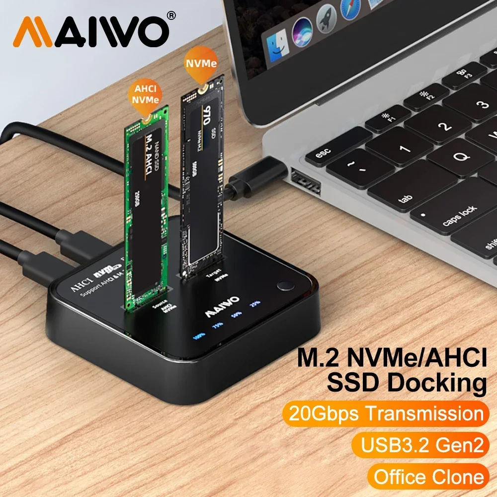 MAIWO 20Gbps Dual Bay M.2 NVMe SSD Enclosure Offline Clone Adapter USB3.2 Type-C Gen2 Storage Box M2 Hard Drive NVMe/AHCI Case