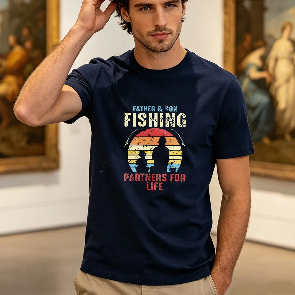 Matching Father Son Fishing Shirt Fisherman Gift Partners For Life Sunset Dad Gift Men Cotton Casual Shirt Summer Streetwear
