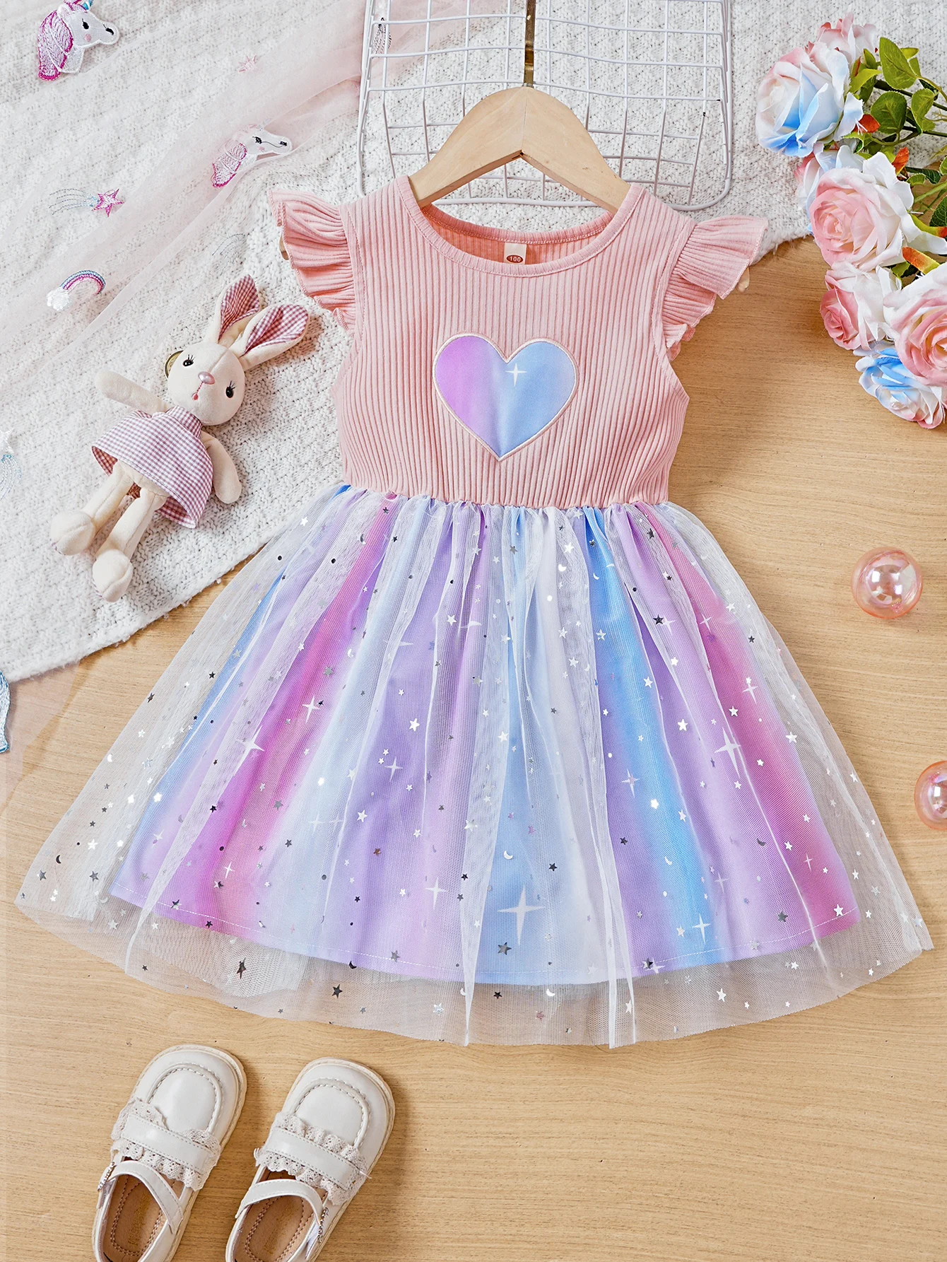 Girls' new summer Valentine's Day series dress + sweet fantasy heart print five-pointed star embellished mesh dress