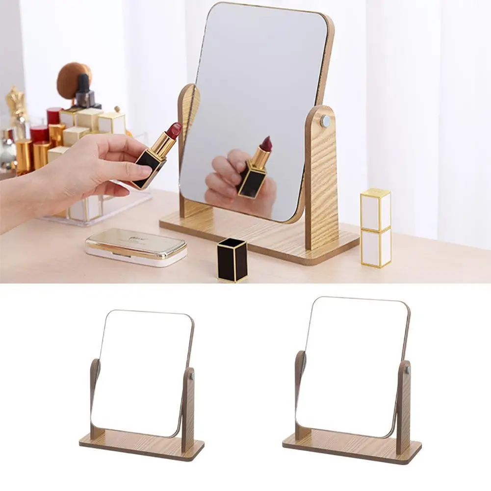 Large Portable Wooden Desktop Makeup Mirror High Definition Rotating Brush Student Mirror For Dormitory Desktop Beauty Makeup