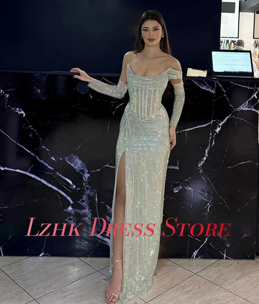 Personalizado de luxo lantejoulas cristal fora do ombro manga destacável a linha vestido de noite sexy sem alças vestidos de ocasião sob medida