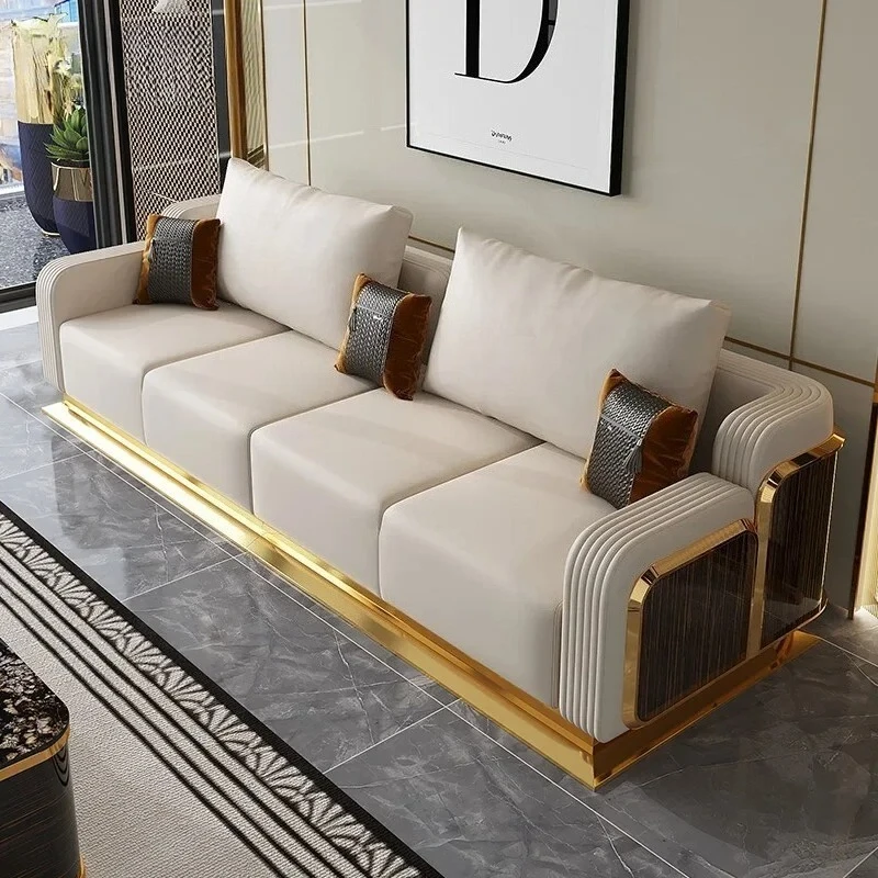 طقم أريكة جلدية فاخرة حديثة مع أريكة خشبية، أريكة بمقعد 2/3/4، أريكة جلدية لغرفة المعيشة تقبل لونًا مخصصًا