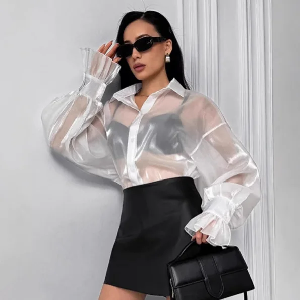 Sexy Gauze See-though Blouses Women Lantern Sleeve Elegant Turn Down Collar Shirt Summer Loose Casual Sunscreen Shirt