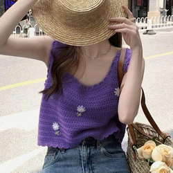 1PCS Hollow Out Flowers Embroidery Tank Top Women Knitted Summer Sleeveless Camisole