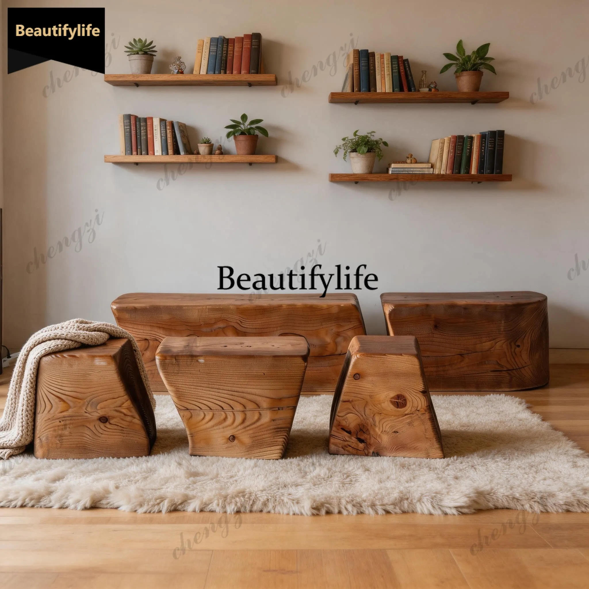 D80 retro solid wood pier combination long stool old rest stool log hotel homestay special-shaped stool