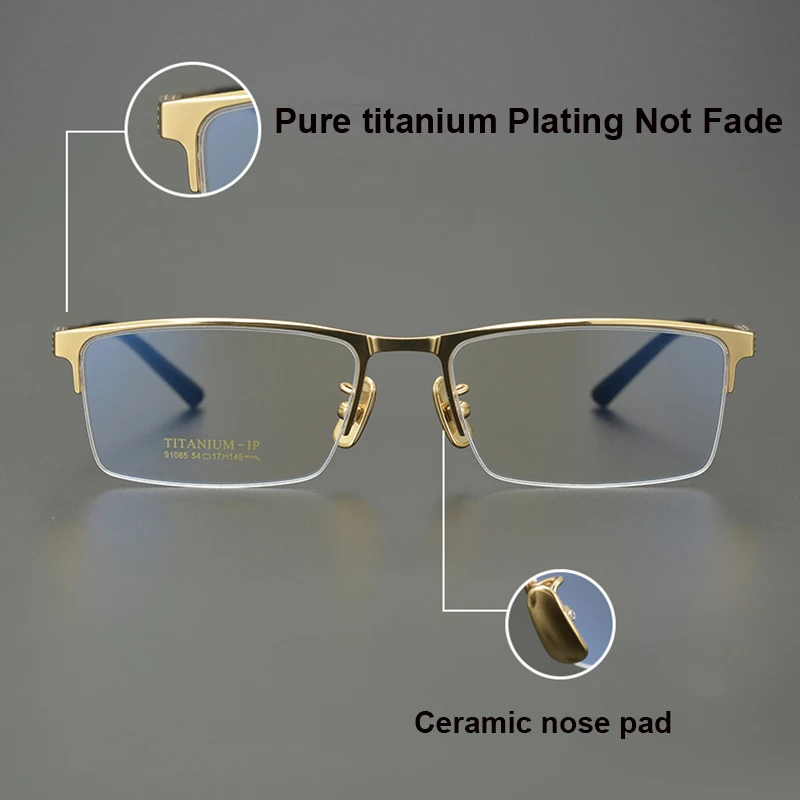 Business Pure Titanium Glasses Frame Men Fashion Square Half Rim Eyeglasses Unique Design Gold Color Eyewear Oculos 91065