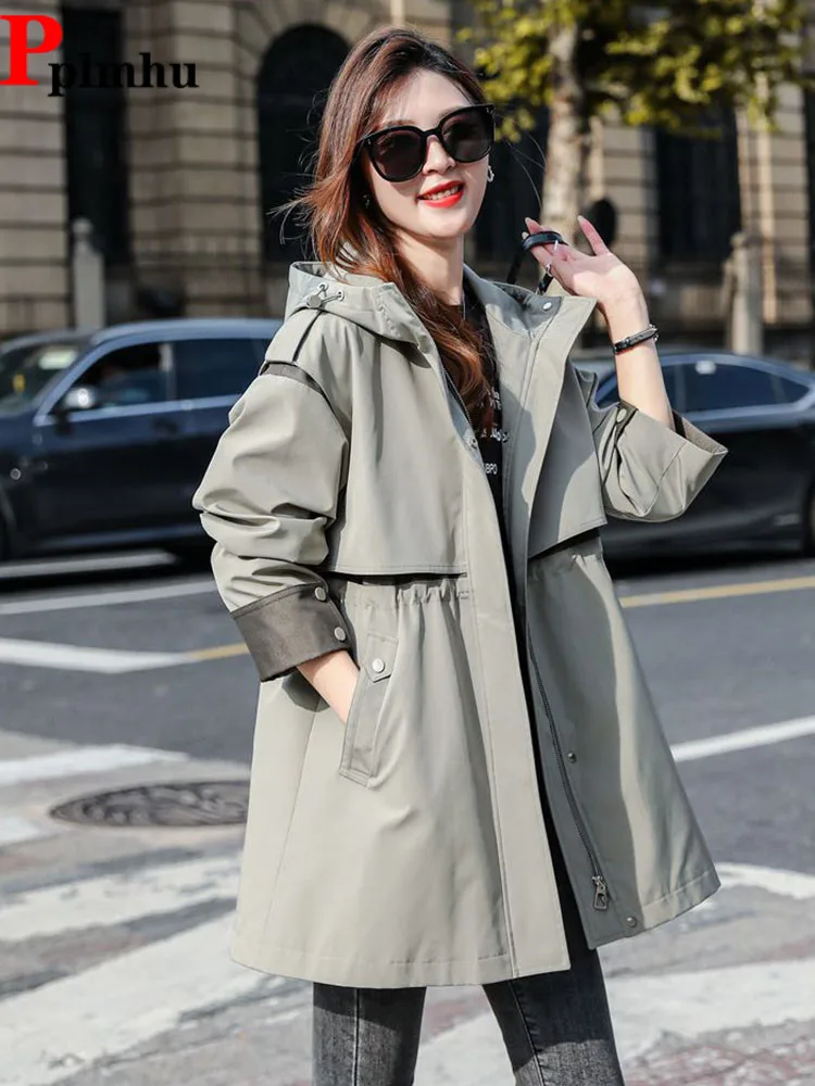 

Korean Fashion Loose Trench Coat Women's Casual Elegant Lace Up Hooded Jackets Jaquetas Baggy Patchwork Cargo Top Chaquetas