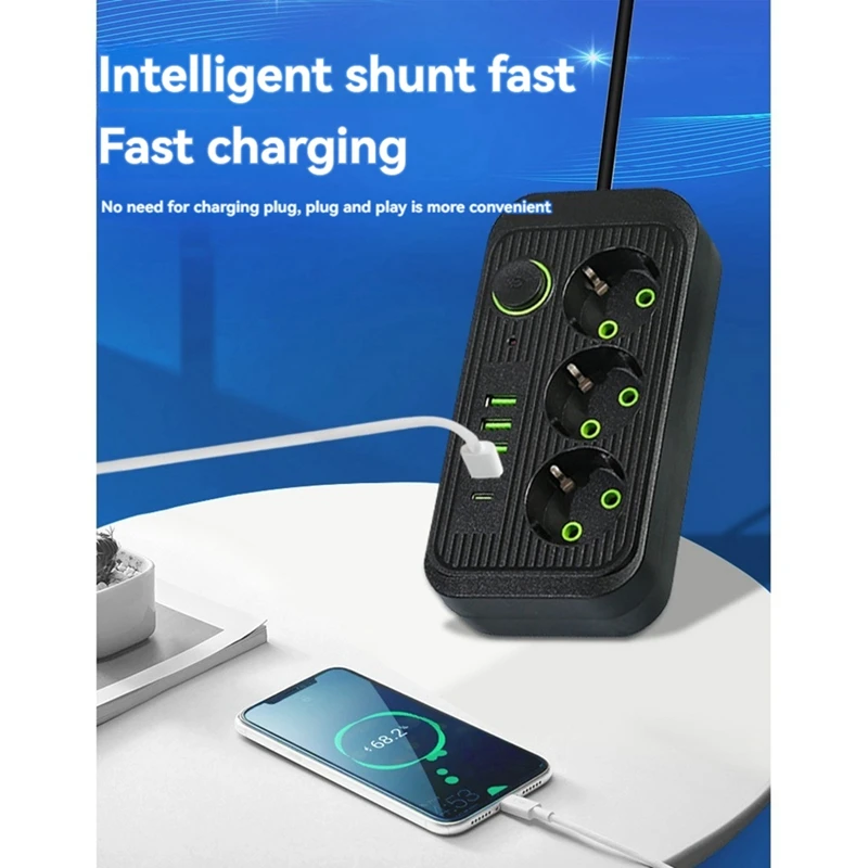 USBおよびタイプC電源ソケット付き延長コード,ネットワークフィルターアダプター,EUプラグ,急速充電,2m