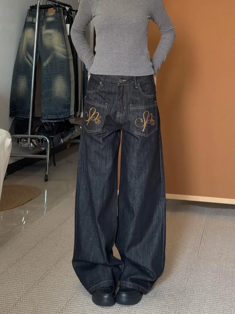 

Large Size American Washed Embroidered Black Wide Leg Jeans Women's Casual Back Pocket Straight Leg Floor-Length Pants