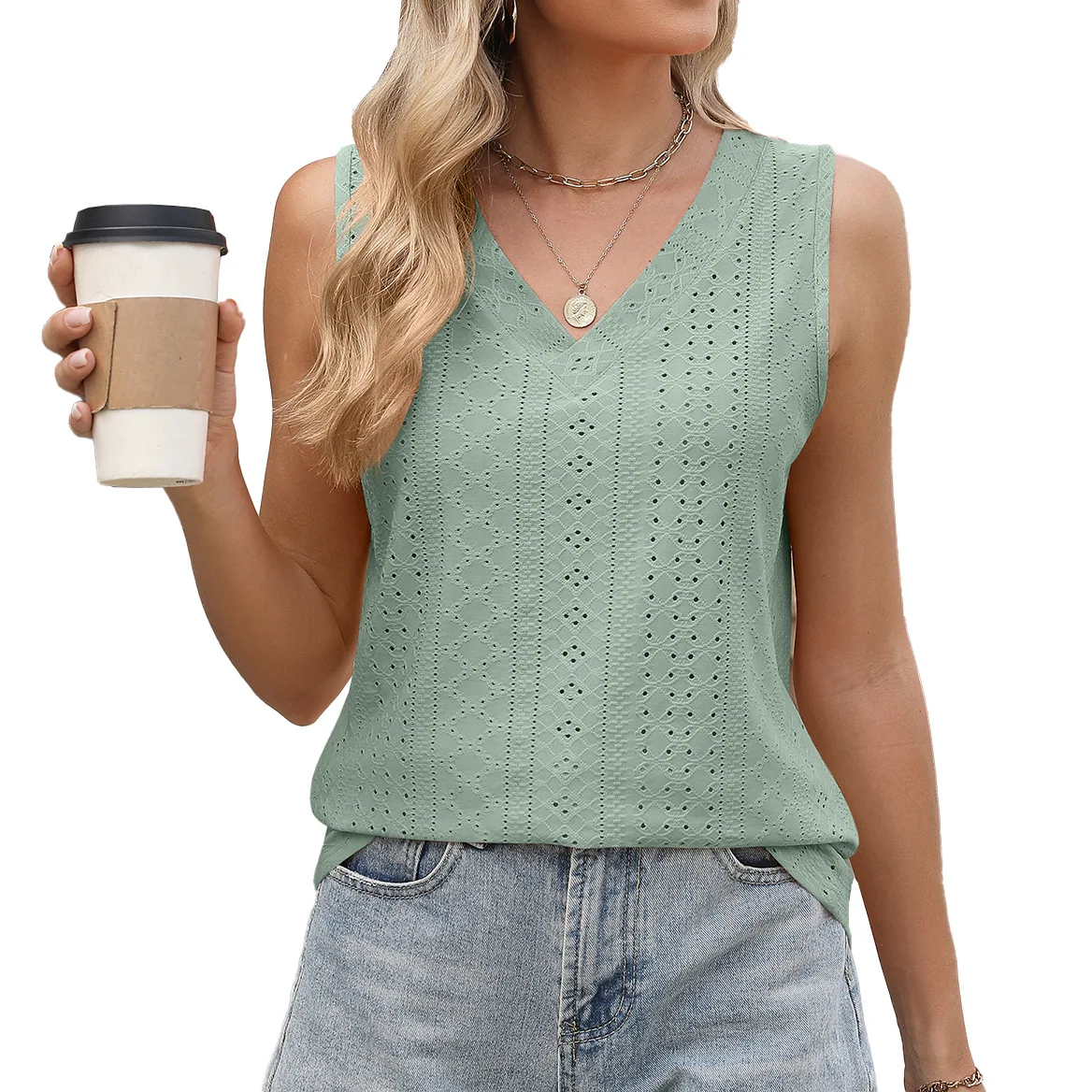 Fashion V Neck Hollow Out Tanks Blouse Women Shirt Summer Casual Solid Color Sleeveless Vest Blouses For Women 2025 Elegant Tops