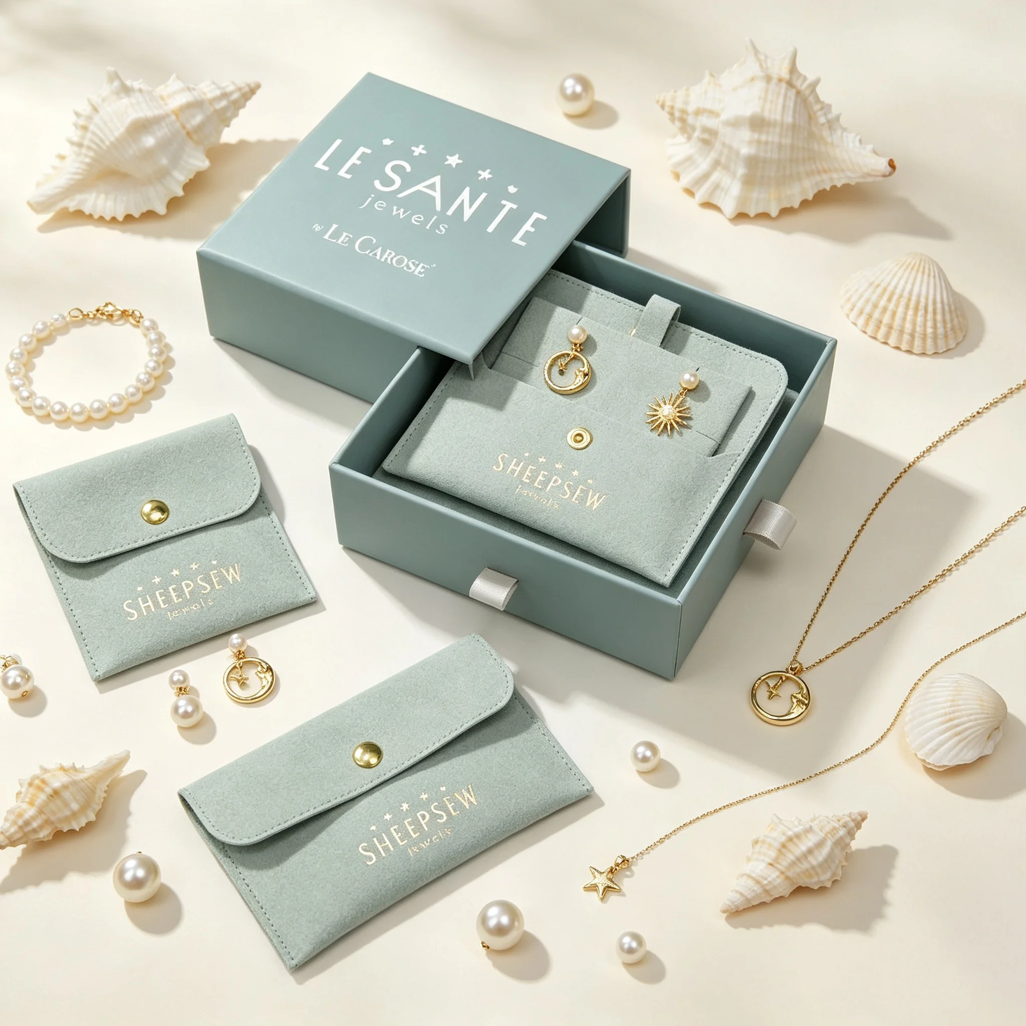 SheepSew Custom Hot Stamped Logo Magnetic Drawer Jewelry Gift Box Set With Microfiber Envelope Pouch Necklace Display Card Handm