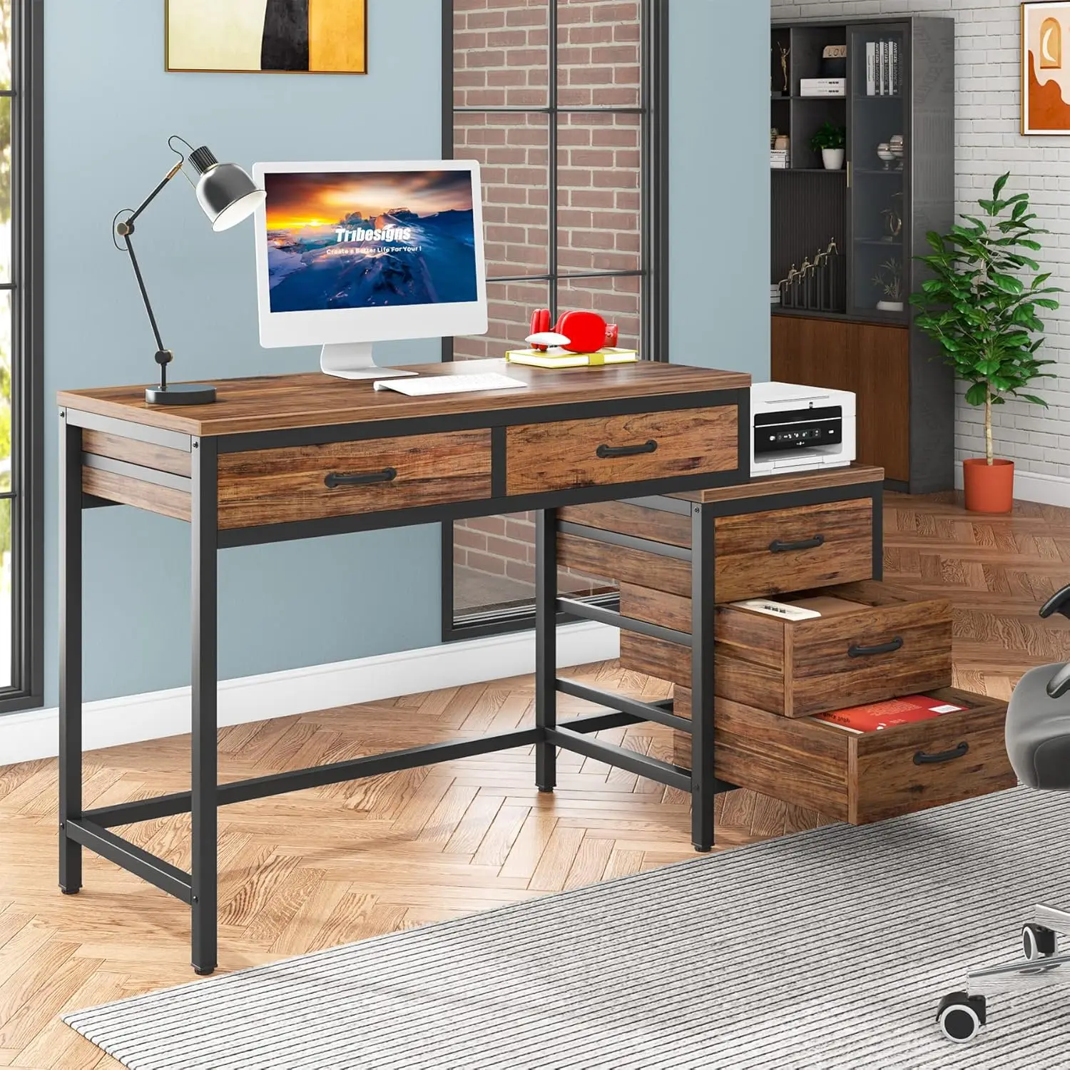 Computer Desk with 5 Drawers, Home Office Desks with Reversible Drawer Cabinet Printer Stand, Industrial PC Desk with Storage, R