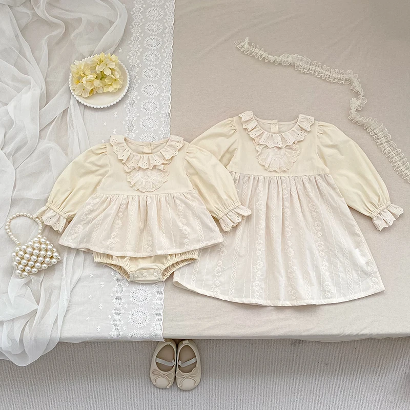 Baby-Mädchen-Strampler im Vintage-Stil mit Spitze, Rüschenkragen, langen Ärmeln, Baumwollrock mit Stickerei, Body, Neugeborenen- und Säuglings-Prinzessinnen-Outfit, 0–24 Monate. – Detail 19