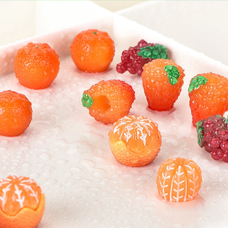 5Pcs Mini Resin Fruits Simulation Orange Grape Raspberry Fruit Ornaments Crafts For DIY Keychain Phone Case Making Accessories