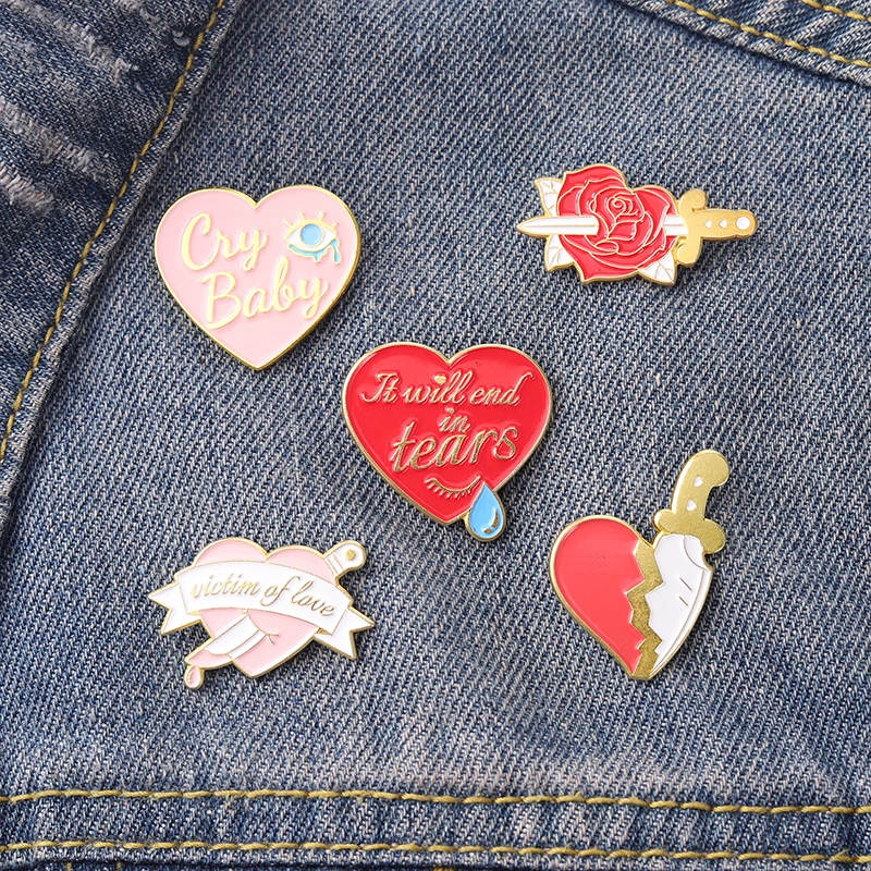 It Will End In Tears Love Enamel Pins Cry Baby Rose Knife Heart Alloy Brooch Badges Trendy Charm Lapel Jewelry Gift for Friends