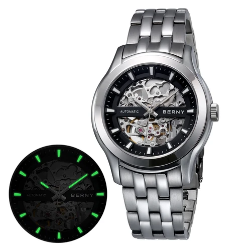 Reloj mecánico BERNY Skeleton para hombre, reloj de pulsera de lujo Miyota 8N24 con exposición de zafiro, reloj de pulsera automático con cuerda automática, resistente al agua 5ATM