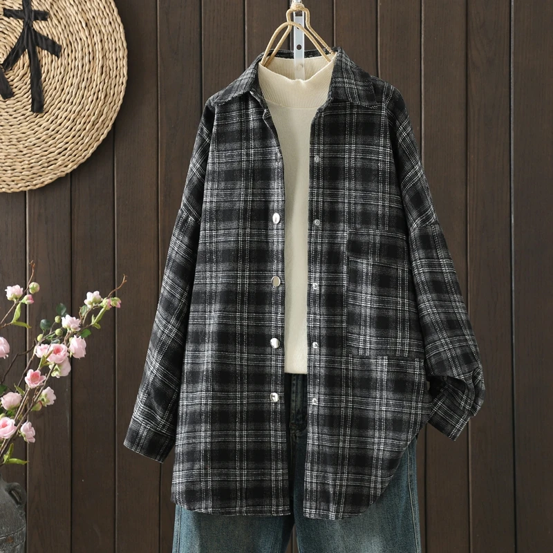 เสื้อคลุมคาร์ดิแกนลายสก็อตแบบหลวมสบาย ติดกระดุมเม็ดเดียว แขนยาว รุ่นใหม่สำหรับผู้หญิง ไซส์พลัส แฟชั่น ผ้าคอตตอนผสม สวมใส่สบาย