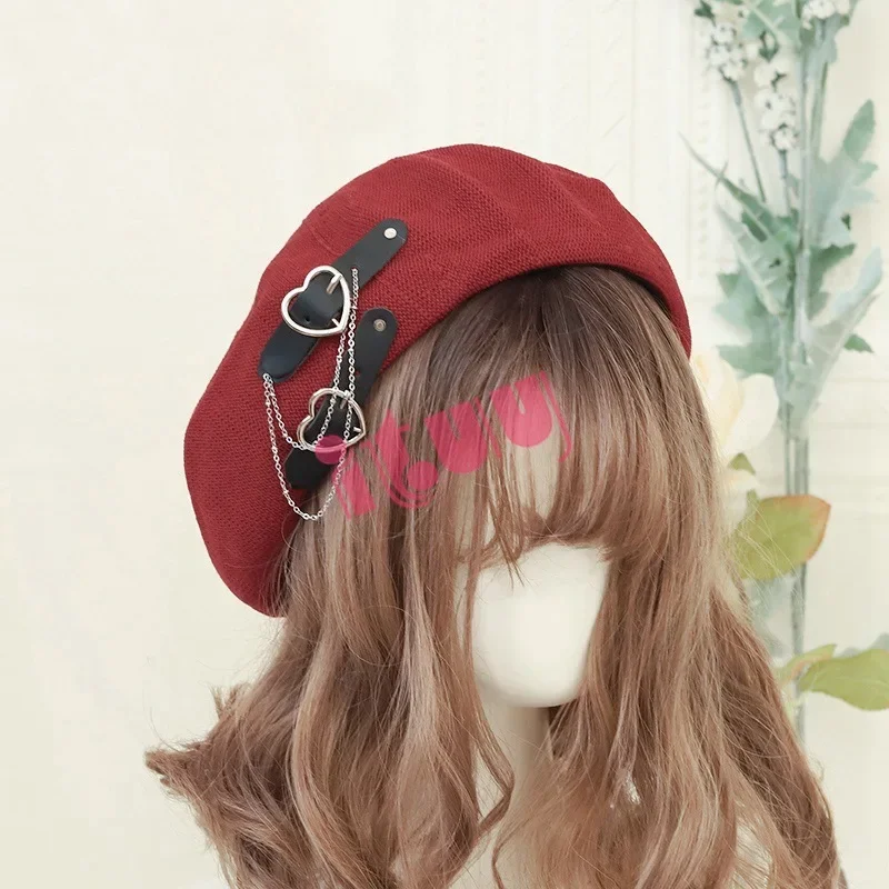 Boina punk preta de lolita gótica para mulheres, harajuku, verão, respirável, fivela de coração, gorro, chapéu jk acessórios