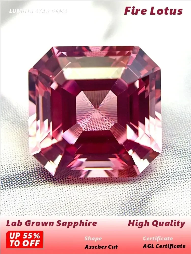 ABCL-Lab gekweekte saffier Asscher-slijpvorm Padparadscha Fire Lotus losse edelsteen voor sieraden, slaagt voor diamanttester met certificaat