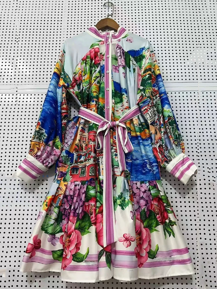 في خريف 2025، فستان قميص ملابس نسائية، فستان خصر مطبوع بمناظر طبيعية قديمة، تنورة منتفخة فضفاضة عصرية