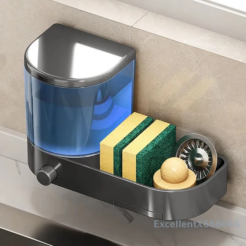 

With Drain Tray Wall Mounted Soap Dispenser With Sponges Holder Hand Press Dishwashing Liquid Holder Large Capacity Waterproof