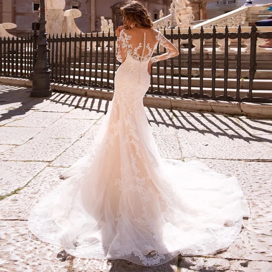 Precioso vestido De Novia con tren desmontable, cuello en V, mangas completas, Apliques De encaje, largo hasta el suelo