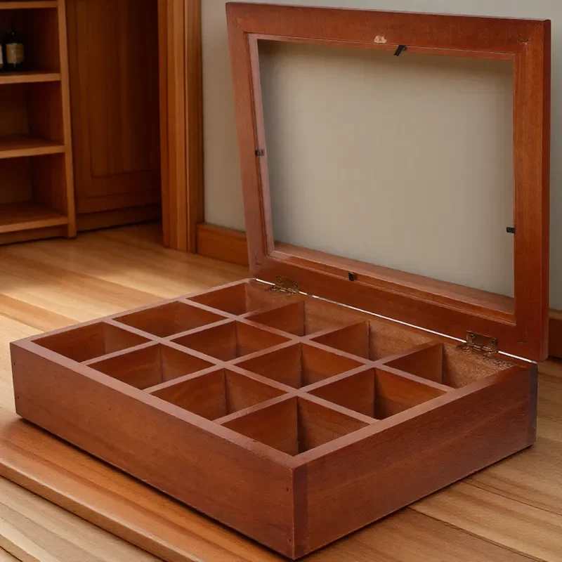 

Wooden Tea Bag Holder Organizer Box Multi Function Storage Case for Tea Bags Coffee Sugar Packets with Clear Lid