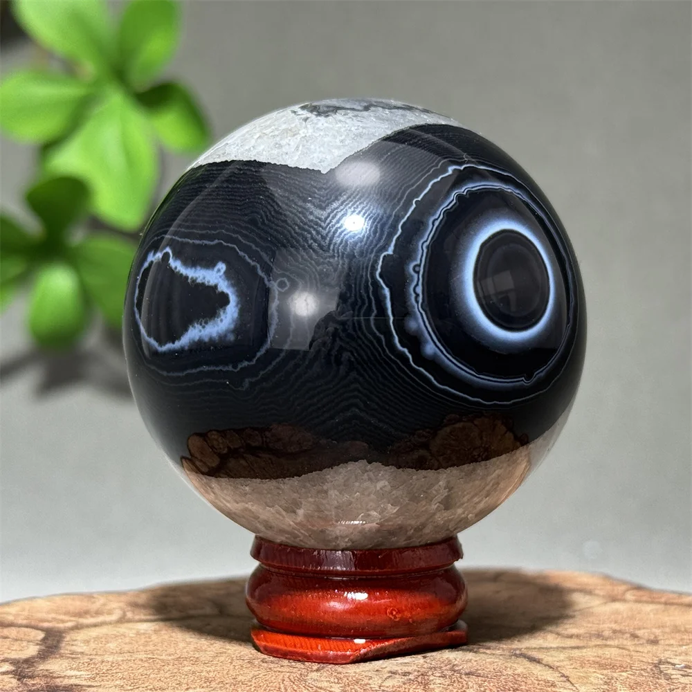 Boule d'agate noire naturelle, cristal minéral, ornements Feng Shui pour la maison, guérison énergétique, aura, sorcellerie, méditation, gemme + base