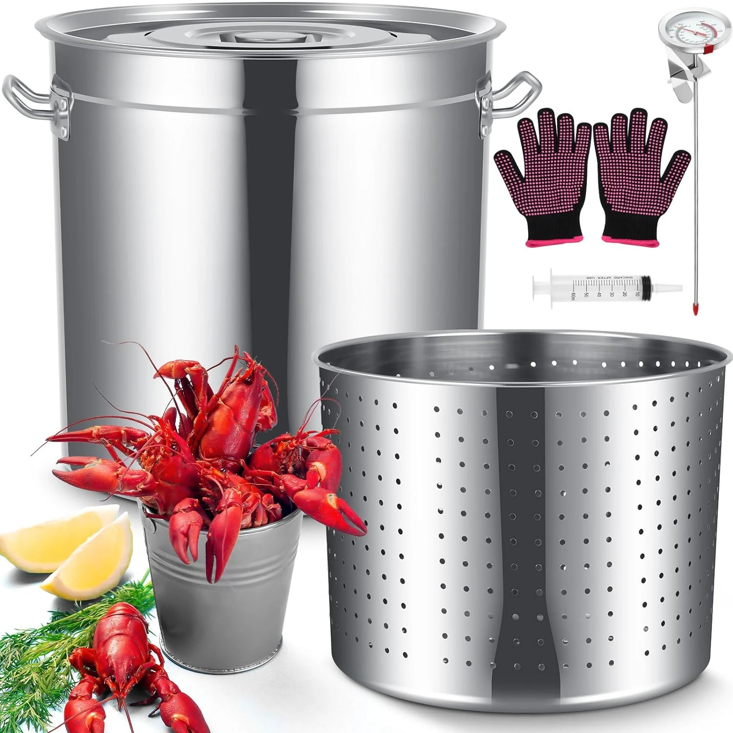 

Stainless Steel Seafood Boil Pot with Basket, Stock Pot with Strainer Turkey Fryer Crab Crawfish Lobster Boil Pot with Injector