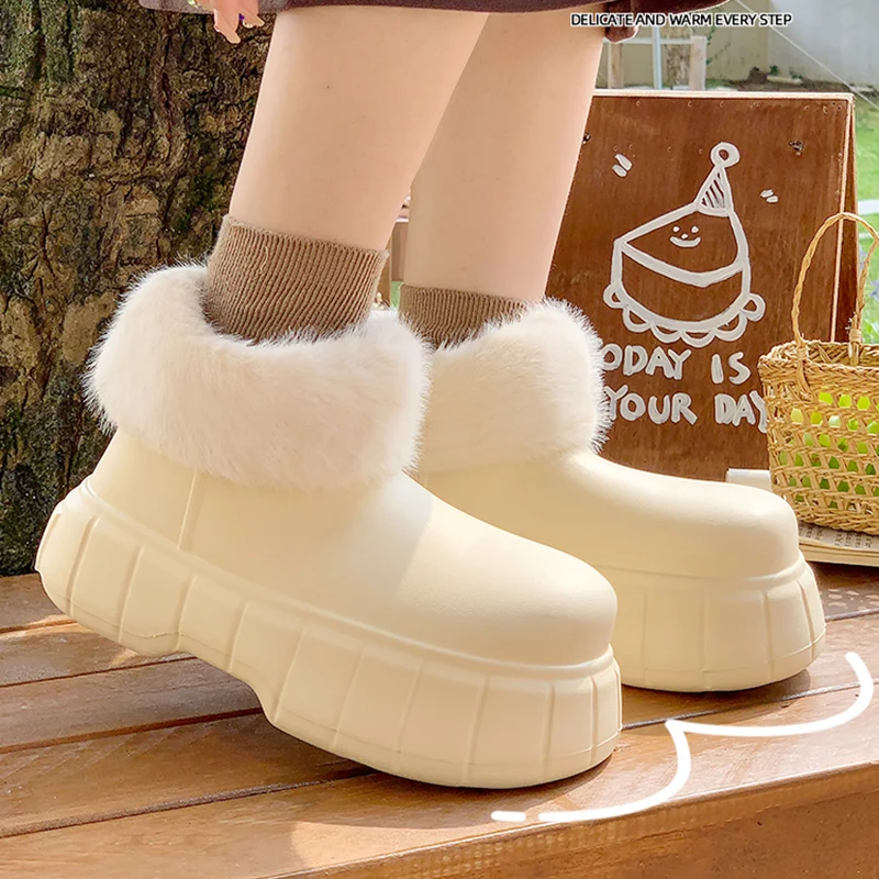 

Новинка 2025 года, непромокаемые плюшевые ботильоны, женские зимние зимние ботинки из искусственного меха, сохраняющие тепло, зимние ботинки, женская хлопковая обувь на толстой подошве, мягкая платформа