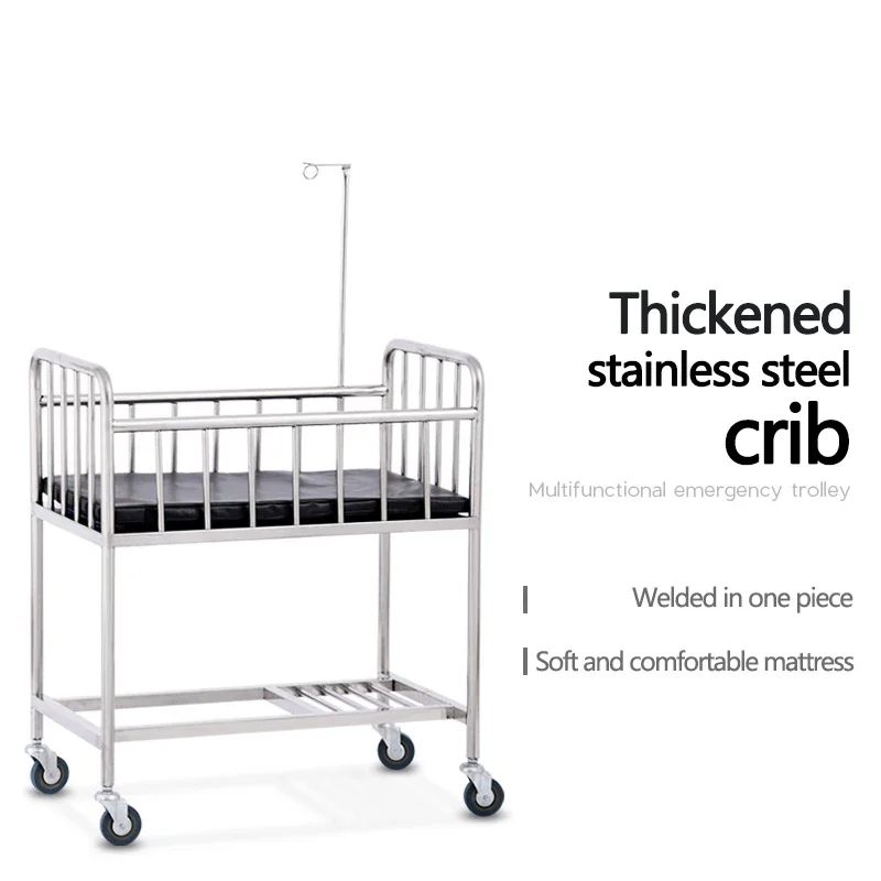 Stainless Steel Mobile Hospital Infant Baby Beds for New Born with IV Pole