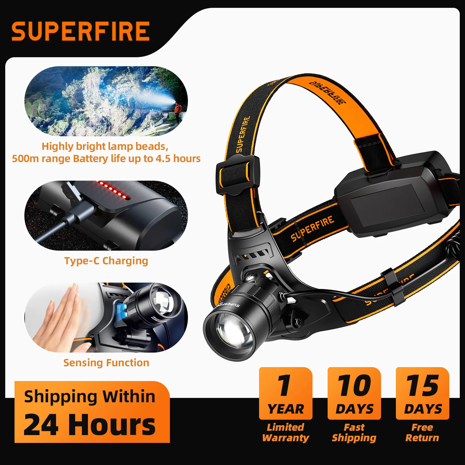 

SUPERFIRE LED Headlamp Fishing Headlight Zoomable With Sensor Waterproof Super Bright Camping Light Power Large Capacity Battery