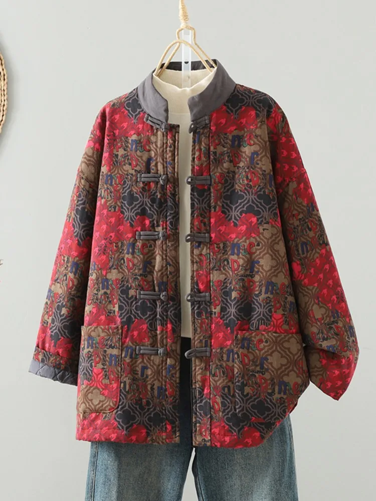 

Thiened Cotton Jaet Women's Winter Coat National Sle Retro Cotton Print Buttoned Outerwear with Cotton Sandwich