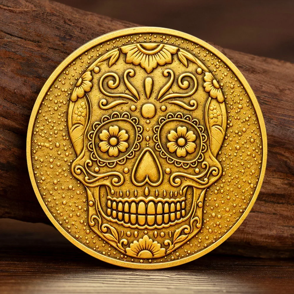 Day of The Dead Sugar Skull Copper Commemorative Coin Sun Moon Cactus Guitar Pattern Souvenir Coin Halloween Gift