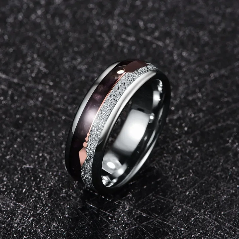 BONLAVIE 8MM Inlaid Meteorite Black Agate Steel Tungsten Steel Ring Tungsten Carbide Men Ring Wedding Bands